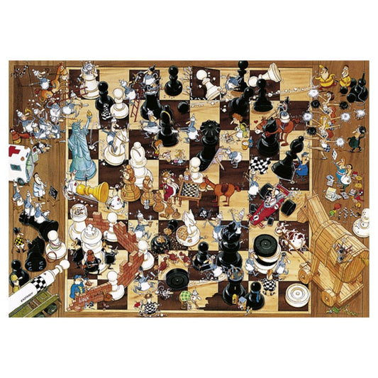 Colorful chessboard with cartoon-themed pieces on a white background