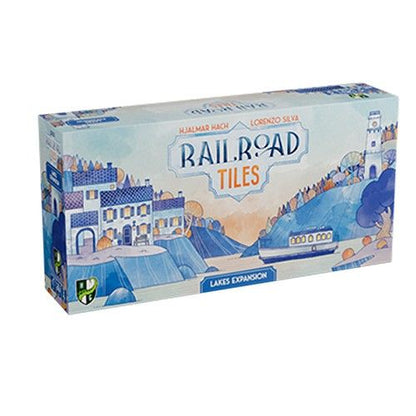 Board game box for 'Railroad Tiles' with scenic design on a white background