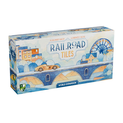 Box of 'Railroad Tiles' game expansion on a white background