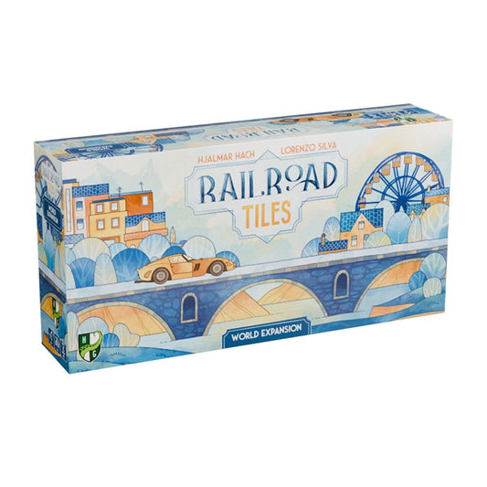 Box of 'Railroad Tiles' game expansion on a white background