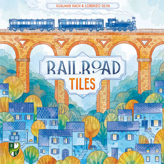 Game cover of 'Railroad Tiles' with a train on a bridge over a village scene.