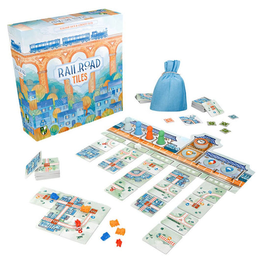 Board game set with 'Railroad Tiles' packaging on a white background