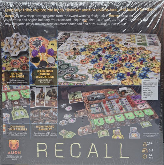 Board game packaging for 'Recall' with various game components and text on a dark background.