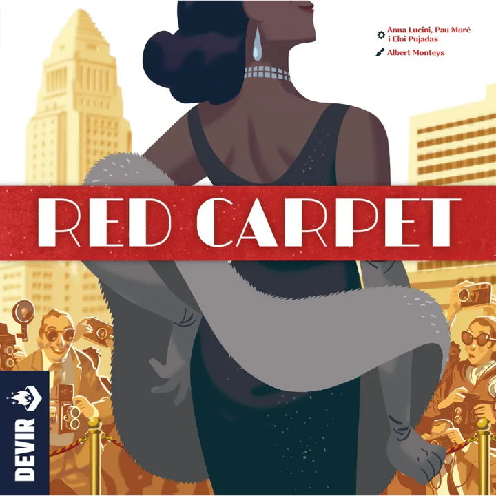 Board game cover of 'Red Carpet' by Devir with a woman in a dress and cityscape background.