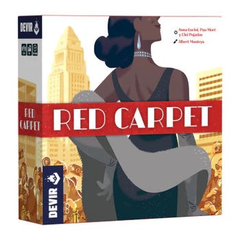 Board game box titled 'Red Carpet' by Devir with a woman in a gown and cityscape background.