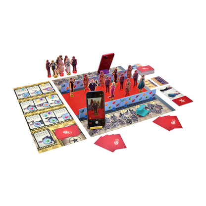 Red Carpet Board game with characters, cards, and phone on a white background