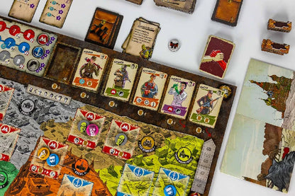 A tabletop view of Resurgence board game setup with illustrated cards, tokens, terrain pieces, and a map on a white background.