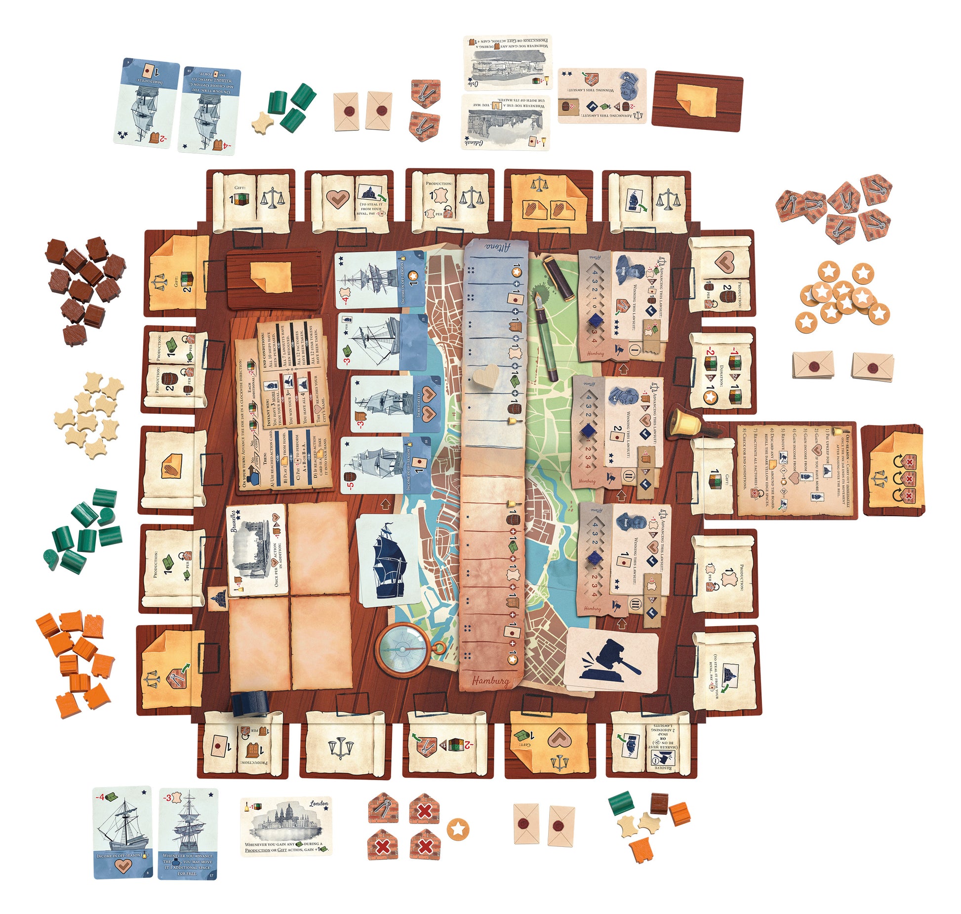 Rival Cities Board game components including a map, cards, and pieces on a white background