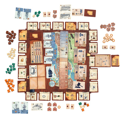 Rival Cities Board game components including a map, cards, and pieces on a white background