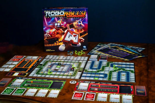 RoboRally board game set with components on a wooden surface