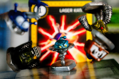 Robo Rally Toy figures with a colorful laser light effect in the background