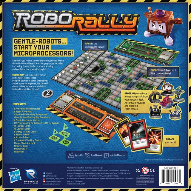 Robo Rally board game packaging with game components and rules.