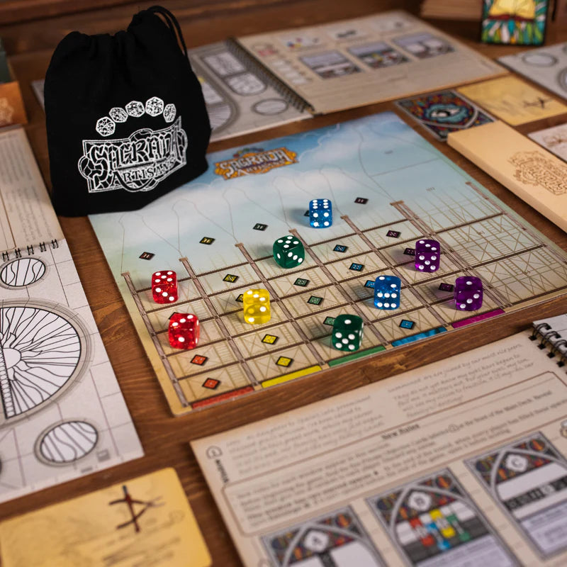 Board game with dice and a branded bag on a wooden table