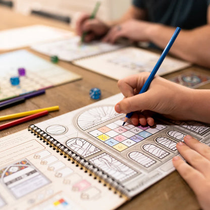 Sagrada roll and write coloring in a coloring book with crayons on a wooden table.
