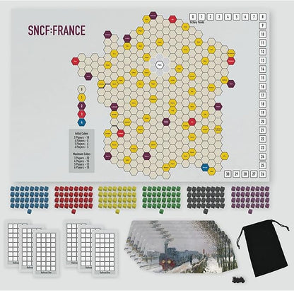 SNCF Board game set with hexagonal tile map and pieces on a white background