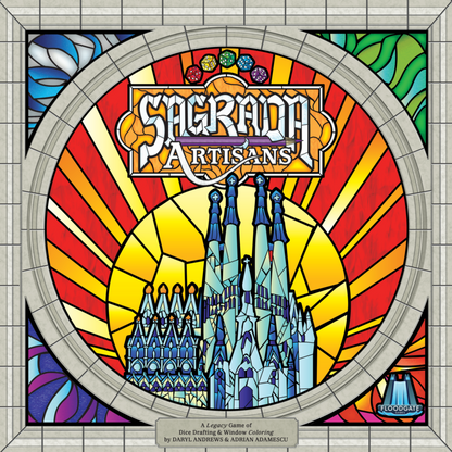 Cover of 'Sagrada Artisans' board game with colorful stained glass design and 'Floridgate' branding.