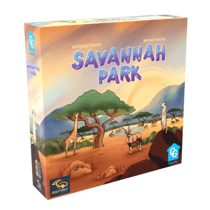 Board game box for 'Savannah Park' with animals and landscape illustration on a white background