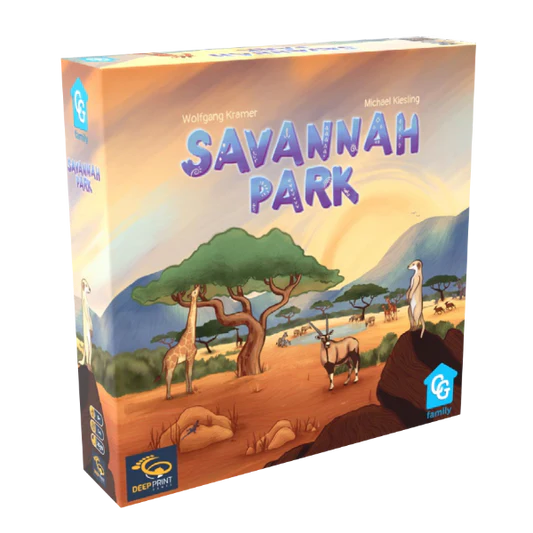 Board game box for 'Savannah Park' with animals and landscape illustration on a white background