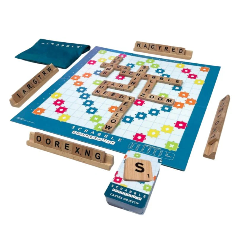 Scrabble game set with tiles and board on a white background