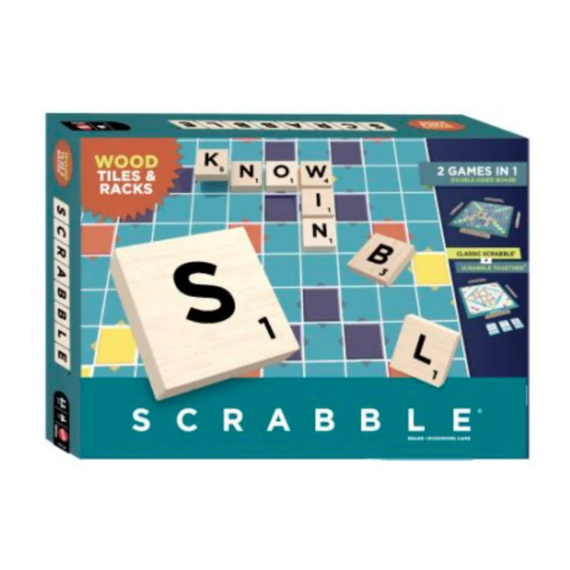 Scrabble board game box with wooden tiles and racks on a white background