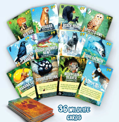 Canopy board game with a Set of wildlife cards with various animals on a white background