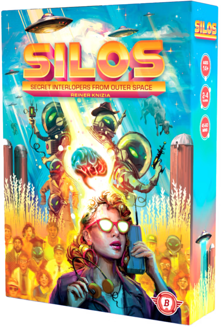 Board game box for 'SILOS: Secret Interlopers from Outer Space' with colorful design and characters.