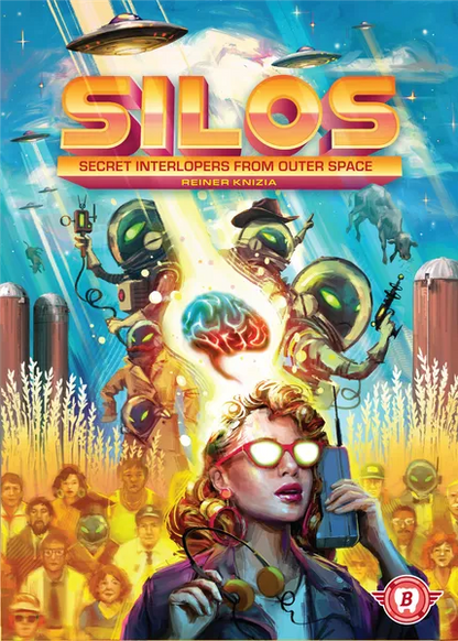 Board game cover of 'Silos: Secret Interlopers from Outer Space' with futuristic elements and a woman on a phone.