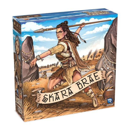 Skara brae Board game box for 'Skara Brae' with a character holding a spear and a banner.