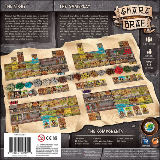 Board game packaging for 'Skara Brae' with components displayed on a textured surface.
