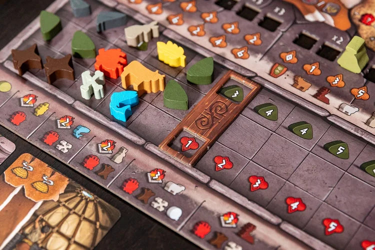 Skara brae  Close-up of a board game with various colorful pieces on a grid