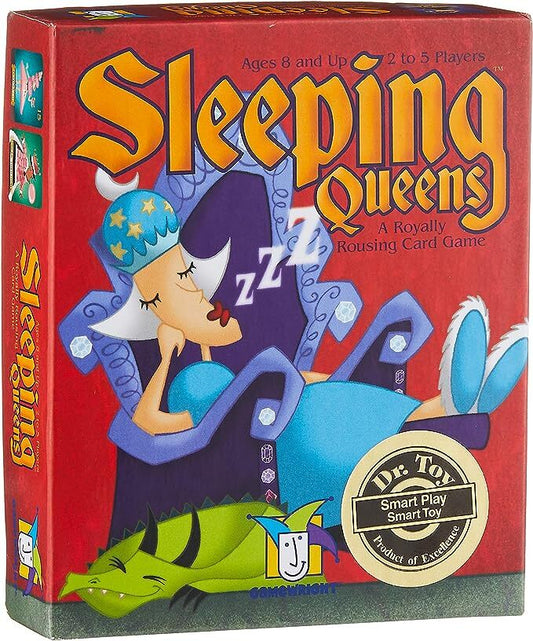 Board game box for 'Sleeping Queens' with a cartoon character and red background