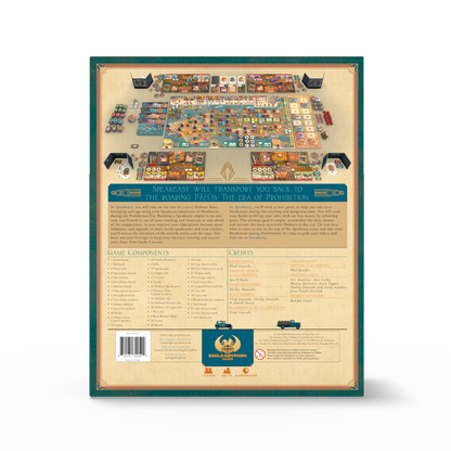 Board game box with detailed components list on a beige background