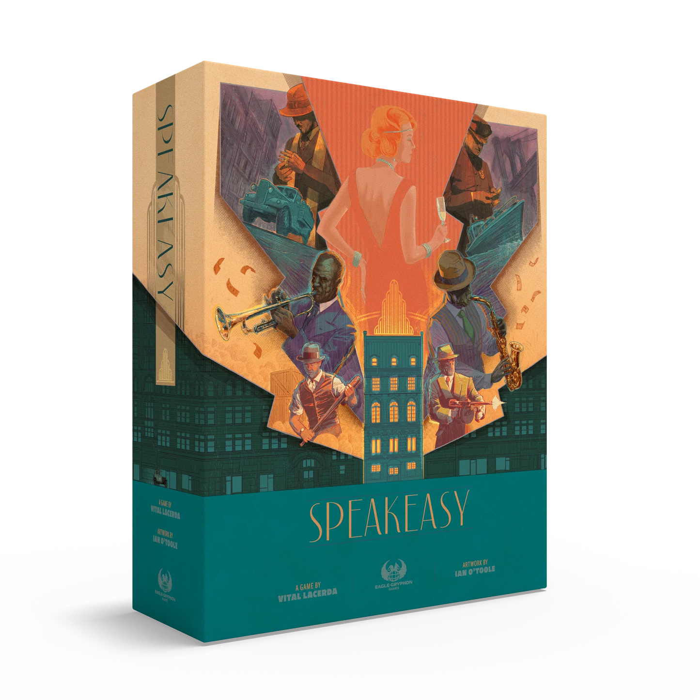 Speakeasy board game box with colorful illustration on a white background