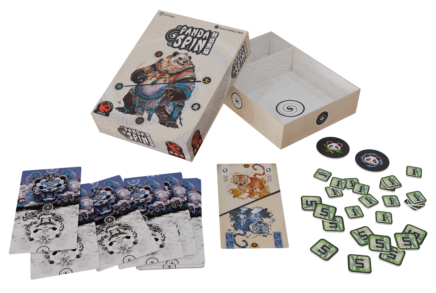 Board game components including cards, dice, and a box labeled 'Panda Spin' on a white background.
