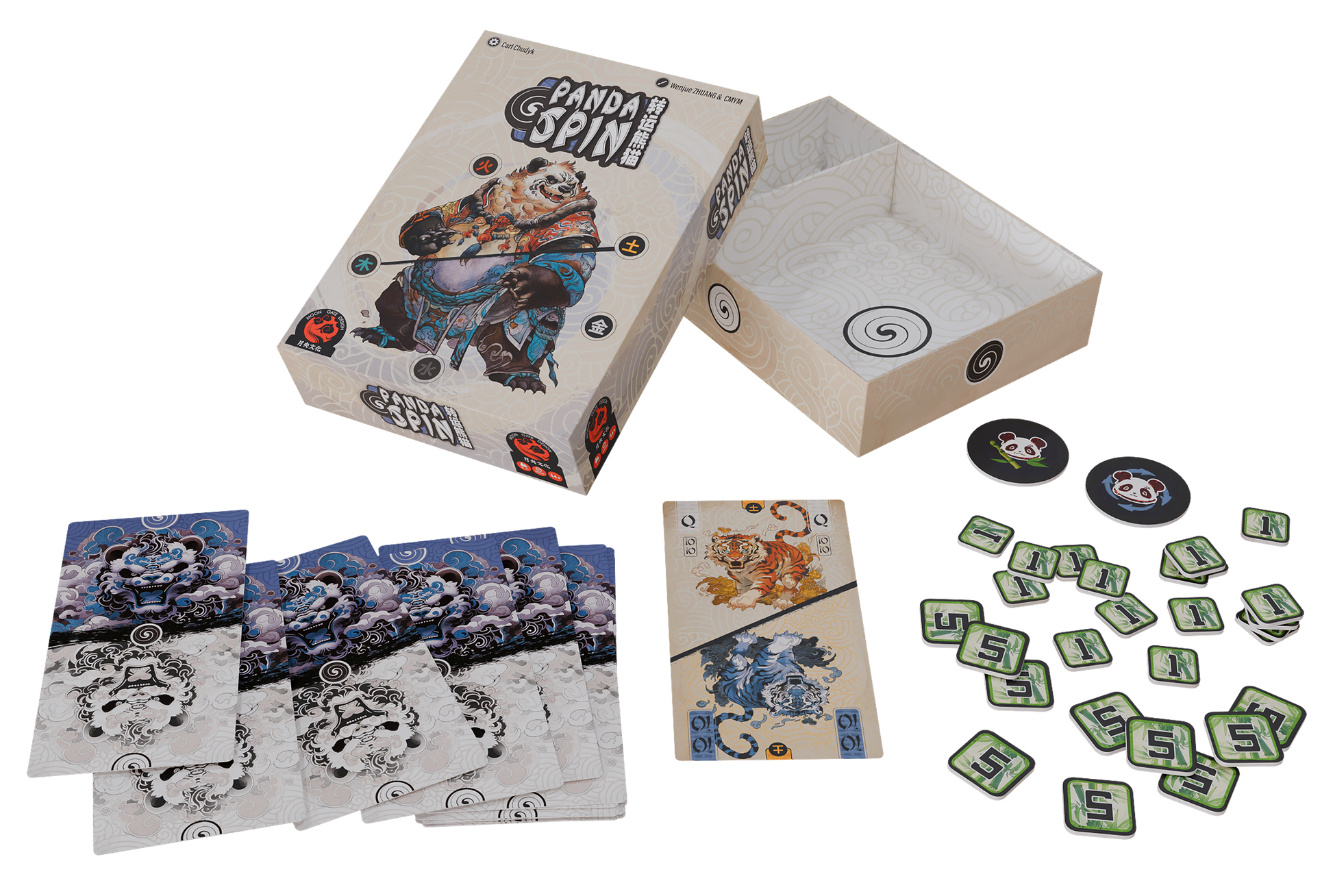 Board game components including cards, dice, and a box labeled 'Panda Spin' on a white background.
