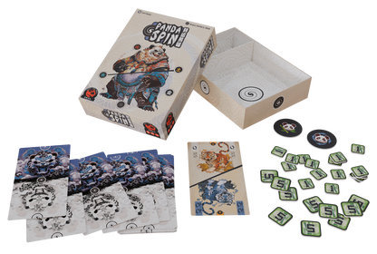 Board game components including cards, dice, and a box labeled 'Panda Spin' on a white background.