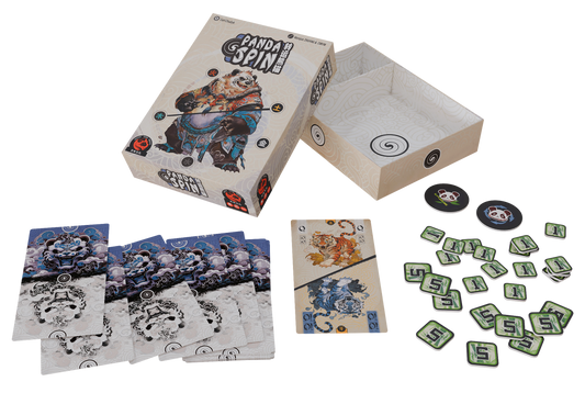 Board game components including cards, dice, and a box labeled 'Panda Spin' on a white background.