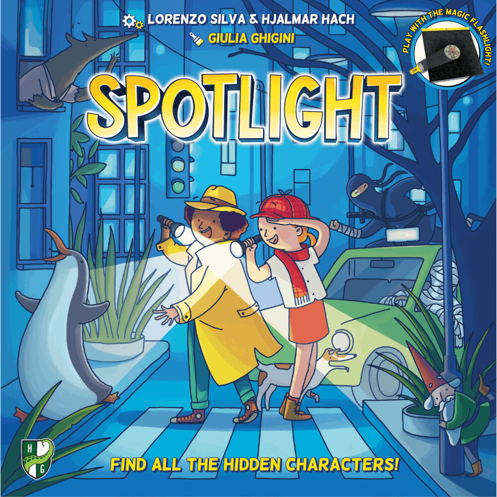 Board game cover of 'Spotlight' with two children and a penguin in an urban night setting.