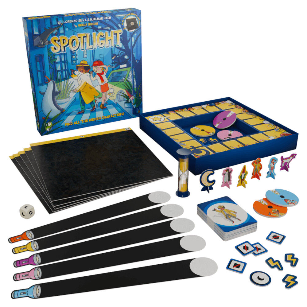 Spotlight board game set with components on a white background