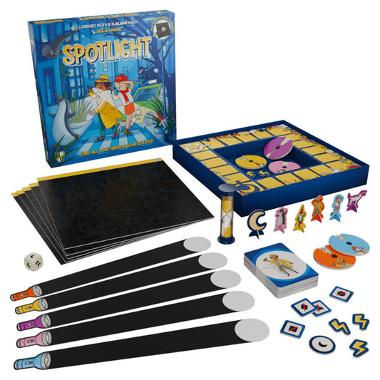 Spotlight board game set with components on a white background