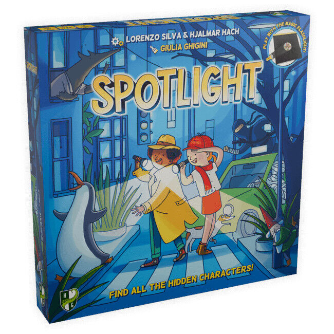 Board game box titled 'Spotlight' with two children and a penguin on a blue background