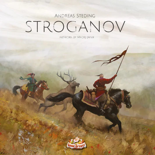 Board game cover of 'Stroganov' with two men on horseback chasing a deer, featuring the author's name and artwork by Maciej Janik.