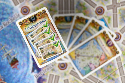 Card game with 'Globetrotter' branding on a map-themed background