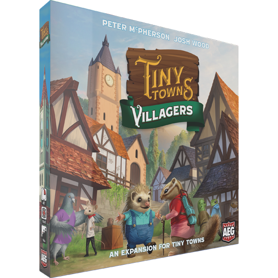 Board game expansion box titled 'Tiny Towns Villagers' with cartoon characters and village scene on a white background.