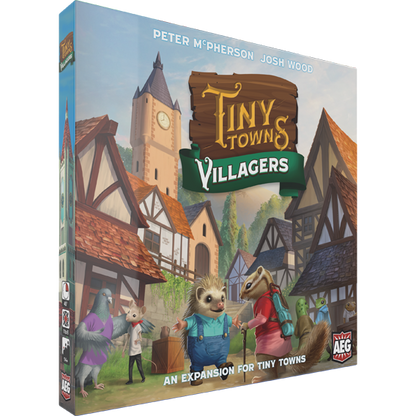Board game expansion box titled 'Tiny Towns Villagers' with cartoon characters and village scene on a white background.