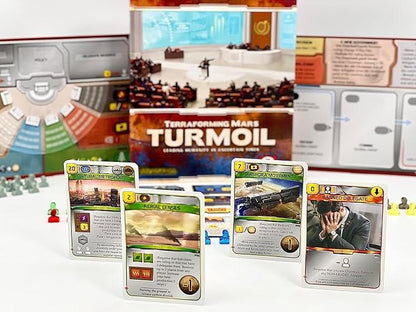Board game components including cards and a box labeled 'Turmoil' from the game 'terraforming mars'.