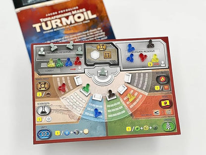 Board game set with pieces and a box labeled 'Turmoil' on a white background