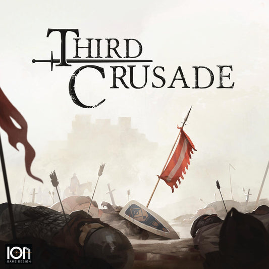 Cover of 'Third Crusade' with soldiers and flags on a misty battlefield borad game