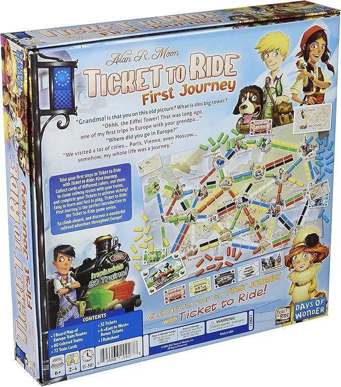 The retail box for the board game Ticket to Ride - First Journey' is shown at a three-quarter angle against a white background, displaying the game board, train tracks, and character illustrations.