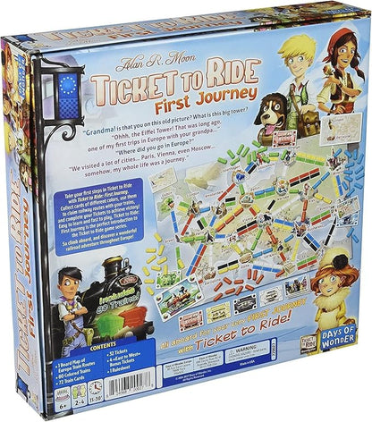 The retail box for the board game Ticket to Ride - First Journey' is shown at a three-quarter angle against a white background, displaying the game board, train tracks, and character illustrations.